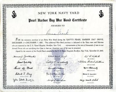 Pearl Harbor Day War Bond Certificate for Anna Mark