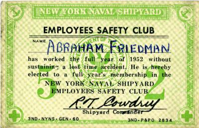 Employee Safety Club Membership Card