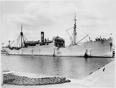 USS Houston (AK1), formerly the SS Liebenfels Cargo Ship, Starboard Bow, at Wharf