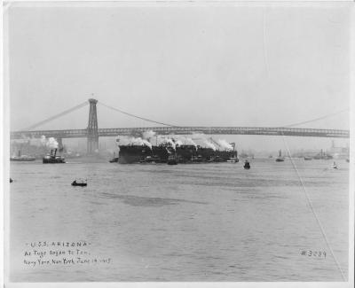 USS Arizona as Tugs Begin to Tow, Navy Yard, New York