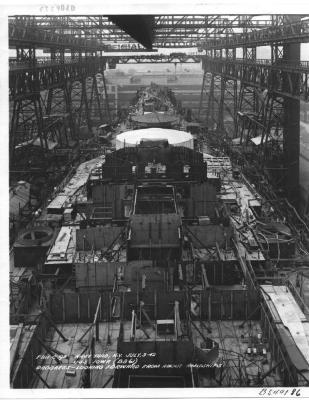 USS Iowa (BB-61) in the New York Navy Yard, Looking Forward from about Midship 