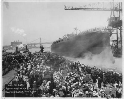 USS Arizona, Approaching End of Ways, Navy Yard, New York