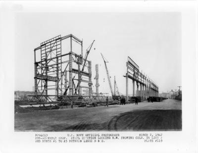 Sub-Assembly Shop Steel Erection looking NW showing cols in Line A and Bents #1 to #3 between lines B & E Plate #119