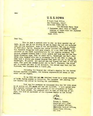 Letter from USS Iowa Describing the Japanese Surrender Aboard USS Missouri